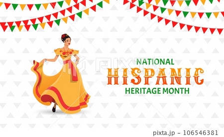 Dancing woman on national hispanic heritage month festival banner. Vector background with flag garlands and young female character dancer wear traditional dress perfotm expressive flamenco dance 106546381