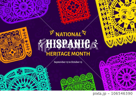 National hispanic heritage month festival banner with papel picado flags. Mexican and Spanish carnival banner, Hispanic heritage holiday vector flyer with mexican papel picado paper cut garland 106546390