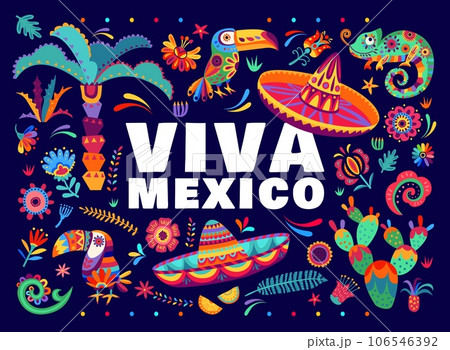 Viva mexico banner with tropical flowers, cactuses and chameleons, mexican sombrero hat and toucans. Vector background, capturing vibrant essence of mexican culture, celebrating special occasion Viva mexico banner with tropical flowers, cactuses and chameleons, mexican sombrero hat and toucans. Vector background, capturing vibrant essence of mexican culture, celebrating special occasion 106546392