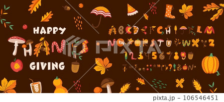 Cartoon autumn font, Thanksgiving type, autumnal fall typeface, harvest holiday english alphabet. Vector typography abc font, autumn leaves letters and numbers with Thanksgiving pie, rain, mushroom 106546451