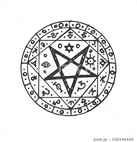 Esoteric amulet, tarot magic circle mason talisman. Vector occult talisman with magic aztec signs, esoteric mystic spiritual sacred mystery circle 106546486