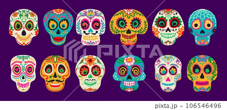 Mexican calavera sugar skulls. Dia de los muertos day of the dead holiday skulls. with flowers and floral pattern. Day of the dead decorative craniums, traditional Mexico festival celebratory symbols 106546496