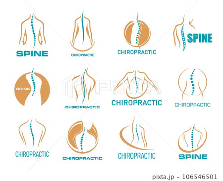 Chiropractic medicine icons, physiotherapy, spine back pain and body health massage, vector symbols. Chiropractic therapy or physiotherapy clinic and osteopathic chiropractor center emblems set 106546501