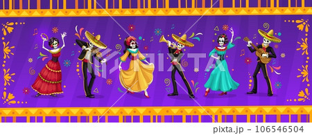 Cartoon dia de los muertos dead day skeleton mariachi musicians and Catrin dancer characters. Vector Mexican folk personages wear traditional costumes dancing and playing guitar, violin or trumpet Cartoon dia de los muertos dead day skeleton mariachi musicians and Catrin dancer characters. Vector Mexican folk personages wear traditional costumes dancing and playing guitar, violin or trumpet 106546504