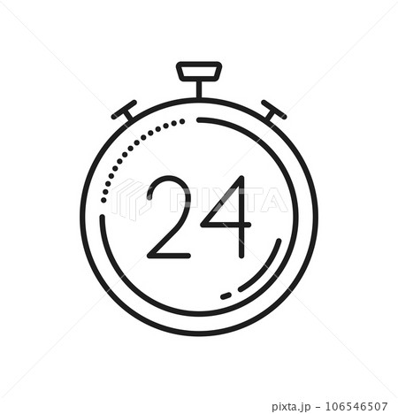 Stopwatch, 24 hours order execution or delivery service outline icon. Vector 24 hour speedometer. Support service, time, working hours, delivery timer clock Stopwatch, 24 hours order execution or delivery service outline icon. Vector 24 hour speedometer. Support service, time, working hours, delivery timer clock 106546507