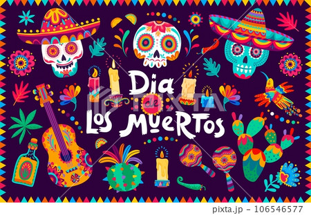 Day of the dead dia de los muertos mexican holiday banner with calavera skulls in sombrero, tropical flowers and musical instruments. Vector greeting card with calaca heads, in cartoon alebrije style Day of the dead dia de los muertos mexican holiday banner with calavera skulls in sombrero, tropical flowers and musical instruments. Vector greeting card with calaca heads, in cartoon alebrije style 106546577