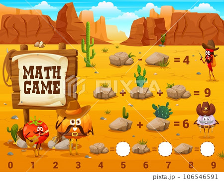Western math game worksheet. Wild West characters, stones and desert. Vector puzzle with tomato, pumpkin, garlic and chili pepper cowboy, sheriff or robber personages. Amusement mathematics riddle Western math game worksheet. Wild West characters, stones and desert. Vector puzzle with tomato, pumpkin, garlic and chili pepper cowboy, sheriff or robber personages. Amusement mathematics riddle 106546591