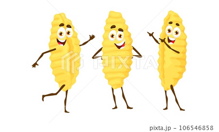 Cartoon cavatelli Italian pasta funny character. Italian restaurant raw noodle dish cute character, Italy cuisine menu classic gourmet comical isolated vector personages 106546858