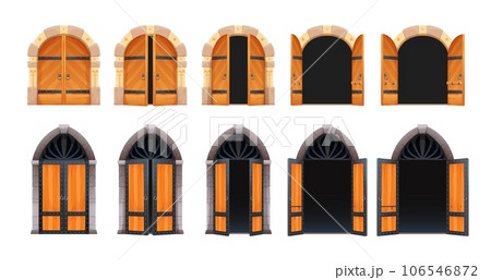 Cartoon castle open gate or door motion animation. Vector medieval palace or house entrance wooden arch animate sprite sheet of opening and closing, old stone doorway or wood gateway sequence frame 106546872