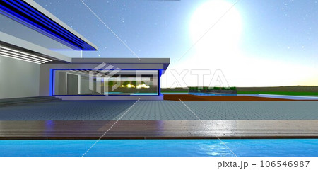 Bright moon light behind the stylish private property with blue LED glowing exterior elements. 3d rendering. 106546987
