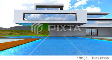 Cantilevered structure of the second floor above the swimming pool of the contemporary property against the hilly landscape. 3d rendering Cantilevered structure of the second floor above the swimming pool of the contemporary property against the hilly landscape. 3d rendering 106546990