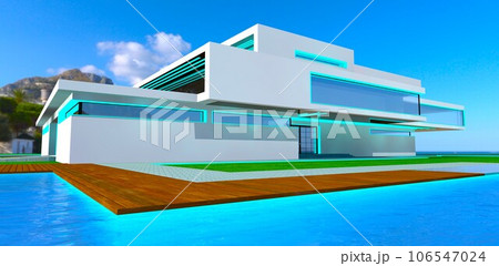 Luxury design of the elite property with pool. Decked area around. Flat roof and large panoramic windows. 3d rendering. Luxury design of the elite property with pool. Decked area around. Flat roof and large panoramic windows. 3d rendering. 106547024