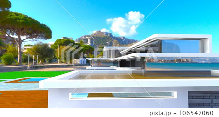 The view of the contemporary decked terrace on the rooftop of the luxury villa designed for the rich unknown person from Miami. 3d rendering. The view of the contemporary decked terrace on the rooftop of the luxury villa designed for the rich unknown person from Miami. 3d rendering. 106547060