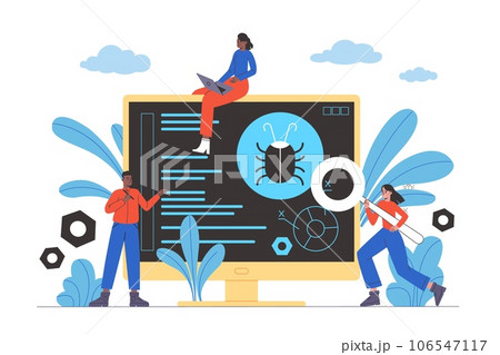 Software testing. Debugging development process. Upgrade service team. Woman building web page. People coding and programming. Man searching bugs. Computer technology. Vector concept 106547117