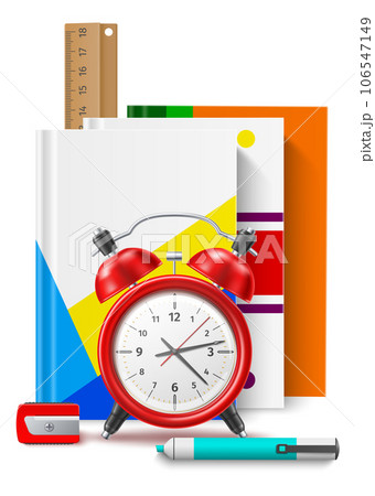 School tools. Office stationery. Color hardcover notepads. Alarm clock. Sharpener and ruler. Studying paper organizer. 3D students pocketbook. Educational accessories. Vector concept 106547149