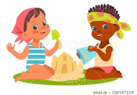 Kids play at beach. Happy girls build sand castle together. Seaside game. Summer vacation. Baby in swimsuit. Plastic bucket or shovel. Sandy fortress. Little friends. Vector illustration Kids play at beach. Happy girls build sand castle together. Seaside game. Summer vacation. Baby in swimsuit. Plastic bucket or shovel. Sandy fortress. Little friends. Vector illustration 106547229