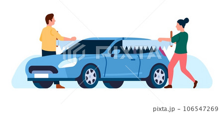 Dividing property. Woman and man use saw to cut car in half. Marriage divorce. Family conflict. Automobile separation. Legal transport division. Wife and husband breakup. Vector concept 106547269