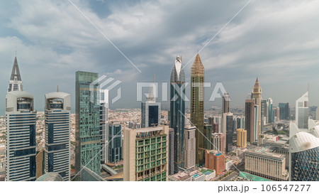 Skyline panoramic view of the high-rise buildings on Sheikh Zayed Road in Dubai aerial timelapse, UAE. 106547277