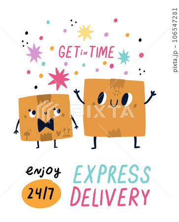 Delivery box poster. Cardboard containers. Cartoon character with happy face. Cargo transportation. Express shipping business. Carton parcel mascot. Courier shipment service vector banner Delivery box poster. Cardboard containers. Cartoon character with happy face. Cargo transportation. Express shipping business. Carton parcel mascot. Courier shipment service vector banner 106547281