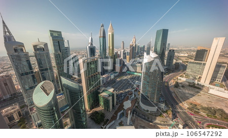 Skyline panorama of the high-rise buildings on Sheikh Zayed Road in Dubai aerial timelapse, UAE. 106547292