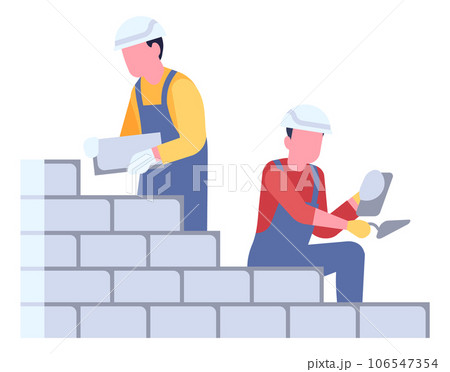 Construction process. Workers build brickwork by laying bricks. House building. Bricklaying wall. Men with trowel or spatula. Professional builders brigade occupation. Vector concept 106547354