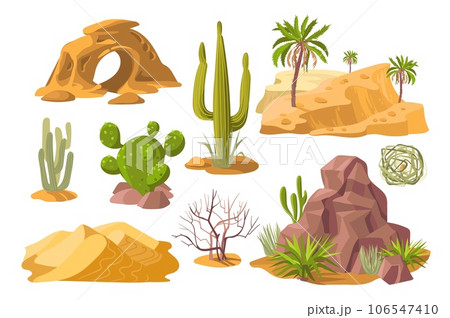Cartoon desert elements. Sand dune. Stones and agave. Cacti and rocks. Hot and dry climate zone objects. Canyon landscape items. Sahara panorama. Tumbleweed plant. Splendid vector set Cartoon desert elements. Sand dune. Stones and agave. Cacti and rocks. Hot and dry climate zone objects. Canyon landscape items. Sahara panorama. Tumbleweed plant. Splendid vector set 106547410