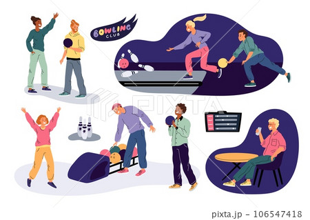 Bowling center visitors. People at club throw balls. Players characters. Knocking out pins game. Friendly entertainment. Happy friends and couples. Competitive play. Garish vector set Bowling center visitors. People at club throw balls. Players characters. Knocking out pins game. Friendly entertainment. Happy friends and couples. Competitive play. Garish vector set 106547418