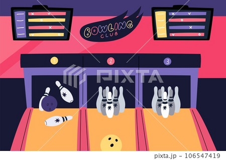 Bowling center interior. Cartoon bowl alleys with pins. Empty club lane. Entertainment or hobby place. Knockout ball game. Players competition. Bowlers throw. Garish vector concept Bowling center interior. Cartoon bowl alleys with pins. Empty club lane. Entertainment or hobby place. Knockout ball game. Players competition. Bowlers throw. Garish vector concept 106547419