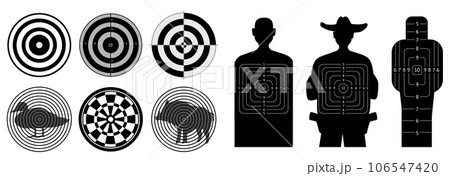Black silhouette targets. Crosshair shapes for weapon shooting. Training mockups. Darts boards. Concentric circles. Animals and people. Accuracy bullet hit. Snipers goals vector set Black silhouette targets. Crosshair shapes for weapon shooting. Training mockups. Darts boards. Concentric circles. Animals and people. Accuracy bullet hit. Snipers goals vector set 106547420