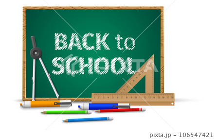 Back to school. Educational students tools. Writing pens and pencils. Classroom blackboard with chalk lettering. Ruler and compass. Realistic stationery. Vector pupils welcome banner 106547421