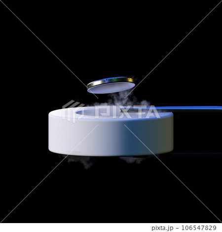 3d render levitating neodymium magnet. A levitating magnet over a superconductor filled with liquid nitrogen 106547829
