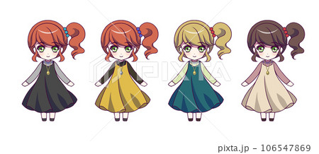 アニメ風の女の子キャラクターのデフォルメ全身イラストセットの