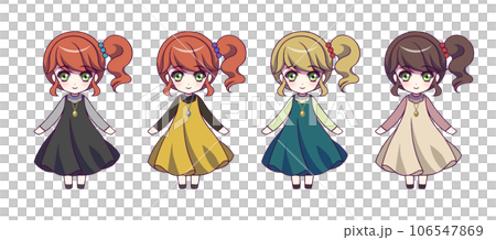 アニメ風の女の子キャラクターのデフォルメ全身イラストセットの