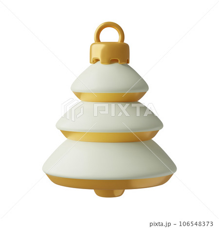 3D Christmas ornament white and gold decoration. Cartoon New Year winter pine tree covered with snow 106548373