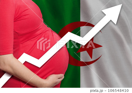 Photo of pregnant woman on flag of Algiers background. Birth rate up Photo of pregnant woman on flag of Algiers background. Birth rate up 106548410