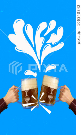 banner. Contemporary art collage. Two hands with clinking big mugs of foamy lager beer against blue background with drawings. 106548842