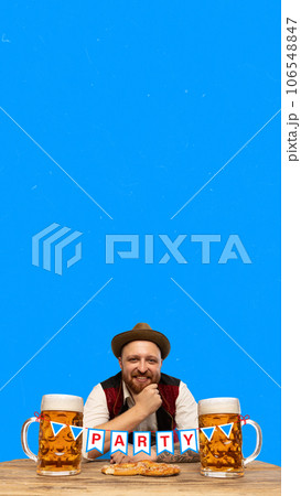 banner. Contemporary art collage. Emotional mustache man in stylish clothes sitting with big mugs with foamy lager beer and inscription party. banner. Contemporary art collage. Emotional mustache man in stylish clothes sitting with big mugs with foamy lager beer and inscription party. 106548847