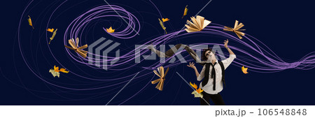 Website headers. Banner. Trick or treat. Woman with scary makeup, monster surrounding leaves and books on wind. Ad. Flyer. 106548848