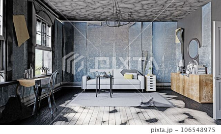 living room burned after fire. 106548975