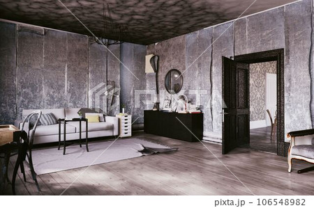 living room burned after fire. 106548982