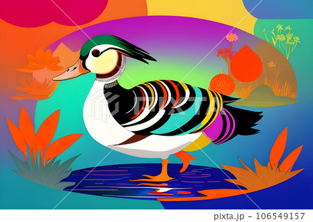 mesmerizing view of a mandarin duck in a pond 106549157