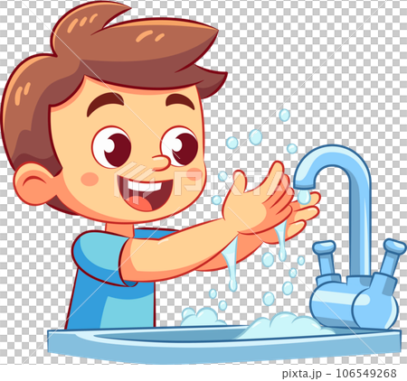 Happy boy is washing his hands to prevent disease at the hand washing sink.Flat Cartoon Vector Illustration. Happy boy is washing his hands to prevent disease at the hand washing sink.Flat Cartoon Vector Illustration. 106549268