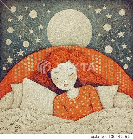 Illustration of a sleeping cute girl. Sleeping girl with red hair in orange pajamas in the bed. 106549367