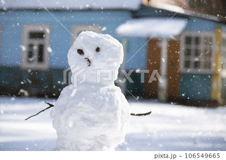 Funny snowman with branches instead of arms and eyes against the background of flying snowflakes. 106549665