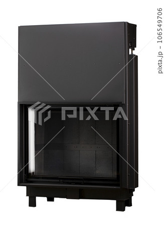 Modern fireplaces for heating from metal and heat-resistant glass. Boiler for solid fuel isolated on white background. Modern fireplaces for heating from metal and heat-resistant glass. Boiler for solid fuel isolated on white background. 106549706