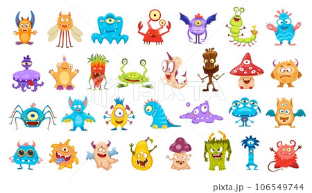 Cartoon cute funny monster characters. Cute bacteria, alien bug or insect, spooky bat, crab, fantastic octopus, fairy mushroom and spider, slime monster, stump and devil isolated vector personages Cartoon cute funny monster characters. Cute bacteria, alien bug or insect, spooky bat, crab, fantastic octopus, fairy mushroom and spider, slime monster, stump and devil isolated vector personages 106549744
