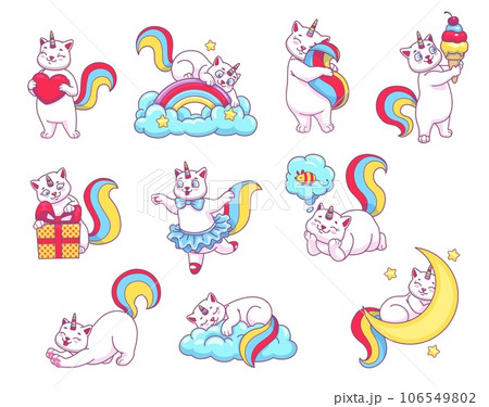 Cute funny cartoon caticorn characters. Magical caticorn, cute fairy kitten or magic unicorn cat cheerful vector personages. Fairytale creature adorable mascot sleeping on cloud, dreaming and dancing 106549802