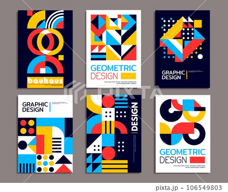 Modern abstract bauhaus posters. Geometric background patterns with vector collage of minimal geometry shapes. Retro graphic bauhaus patterns set with color circles, squares, triangles and dots 106549803