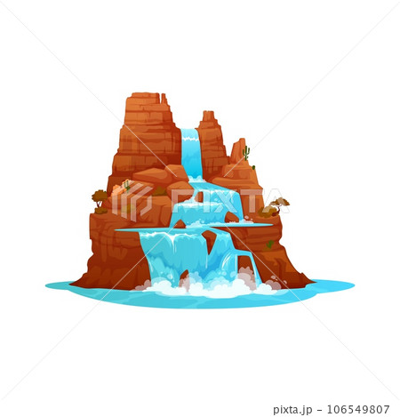 Cartoon wild west waterfall and water cascade with cascading liquid flows, rocks, cacti, and other desert plants, surrounded by a rugged landscape. Isolated vector western canyon, 2d gui game location Cartoon wild west waterfall and water cascade with cascading liquid flows, rocks, cacti, and other desert plants, surrounded by a rugged landscape. Isolated vector western canyon, 2d gui game location 106549807