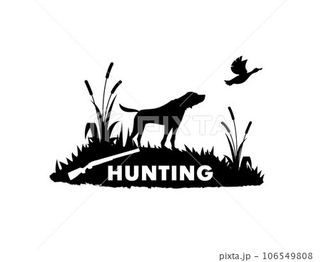 Hunting emblem. Dog silhouette with flying duck and gunshot. Bird hunting sport, shooting hobby or animal hunt season vector banner with pointer or hound dog on meadow, flying duck and rifle Hunting emblem. Dog silhouette with flying duck and gunshot. Bird hunting sport, shooting hobby or animal hunt season vector banner with pointer or hound dog on meadow, flying duck and rifle 106549808